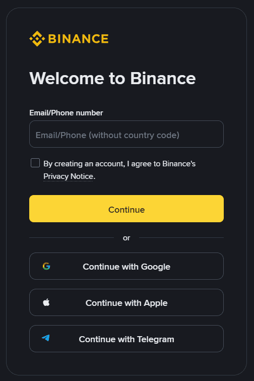 Форма регистрации Binance